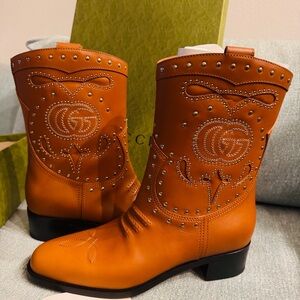 Gucci Brown Leather Studded Heeled Boots